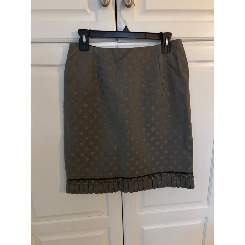 Judith Auburn Creations Grey Gold Polka Dot Pleated Trim Pencil Skirt Metallic